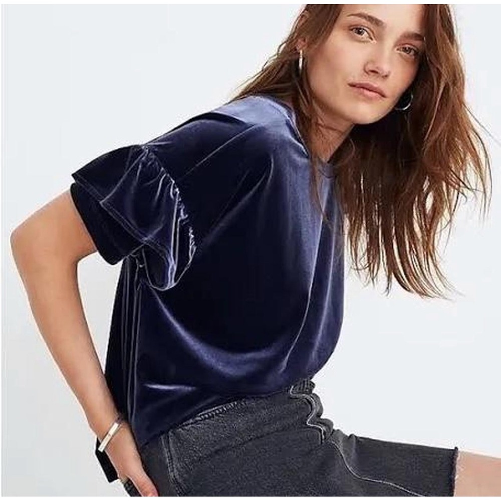 Madewell Navy Blue Velvet Ruffle Sleeve Top Crew Neck Short Sleeve Womens Small